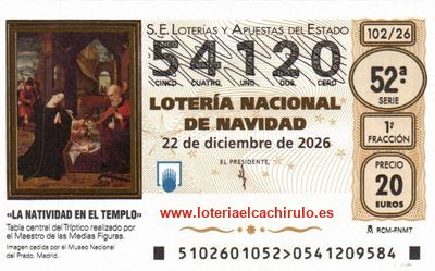Anverso del d&eacute;cimo 54120 de la Loter&iacute;a de Navidad 2026, de Le&oacute;n